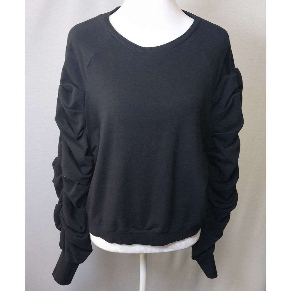 Womens Black Pullover Sweatshirt Crew Neck Ruched Sleeve Top Size Medium